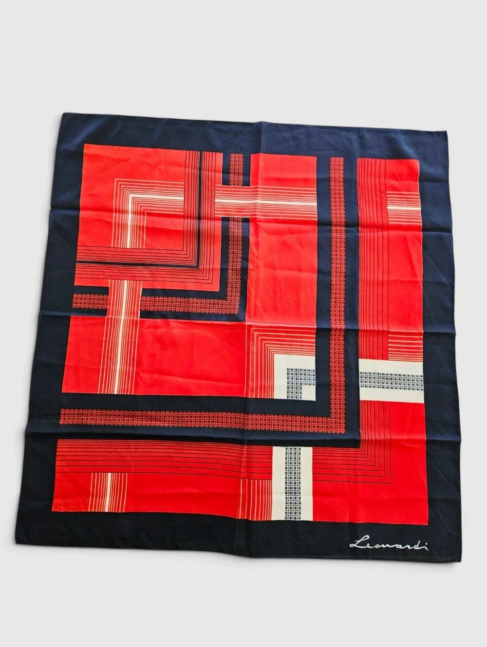 Vintage Leonardi Large '80s Geometric Black Red Striped Neck Head Scarf Foulard